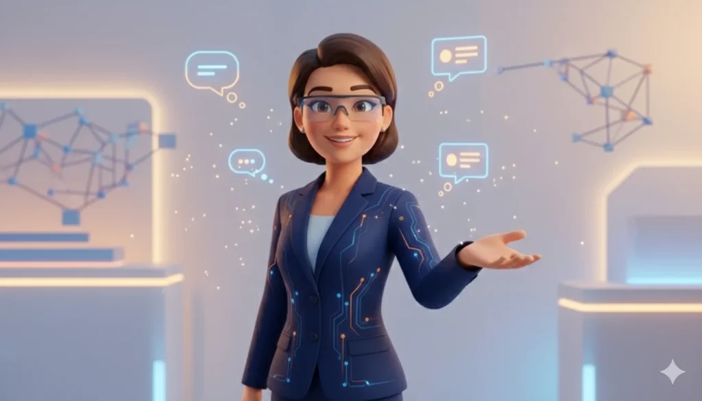 GPT AIda ilustrační obr1 Žena v obleku s technologickými prvky.
