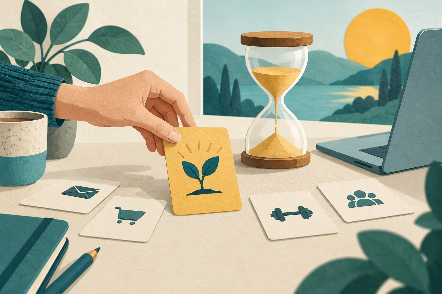 Ilustrace ruky vybírající jednu prioritu vedle přesýpacích hodin a notebooku